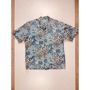 Hawaii Mens XL Vintage‎ Blue Batik Floral Aloha Shirt Short Sleeve Made in USA